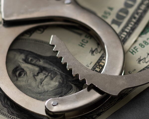 Handcuffs placed over hundred-dollars representing bail and financial considerations in Downtown San Diego bail bonds situations