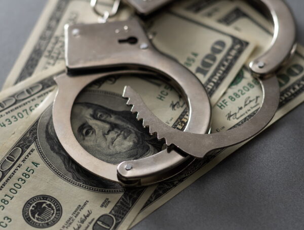 Handcuffs placed over hundred-dollars representing bail and financial considerations in Downtown San Diego bail bonds situations