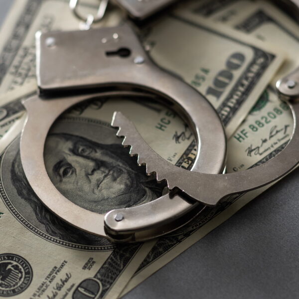 Handcuffs placed over hundred-dollars representing bail and financial considerations in Downtown San Diego bail bonds situations